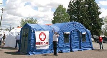 Exterior of a BLU-MED medical shelter used in a Utah emergency response drill.