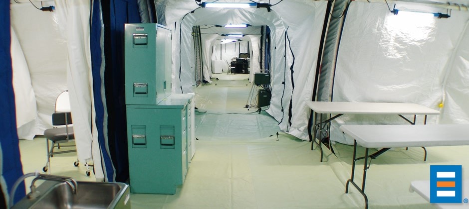 Interior of a BLU-MED Mobile Field Hospital hallway.