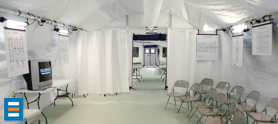 Interior of a BLU-MED Mobile Field Hospital's public information briefing area.