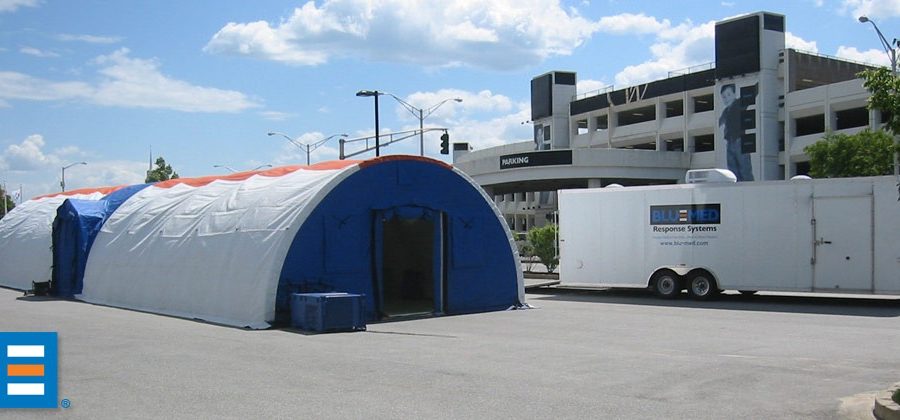BLU-MED Emergency Response Mobile Field Hospital and RapidSurge trailer deployed outside of a medical center.