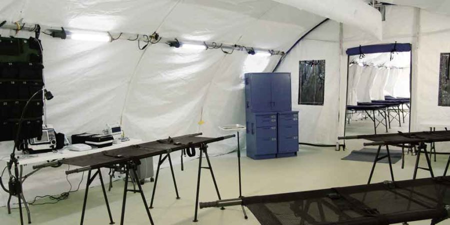 Interior of fabric field hospital's triage and ER area