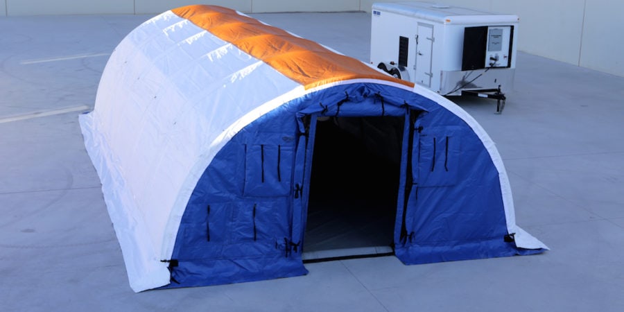 Exterior of a 16' x 32.5' XP Response Package and its secure 7' x 14' trailer.