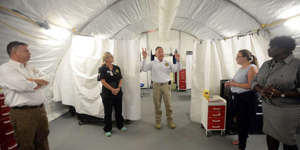 Interior of BLU-MED portable hospital tents after Hurricane Harvey in Port Arthur, TX