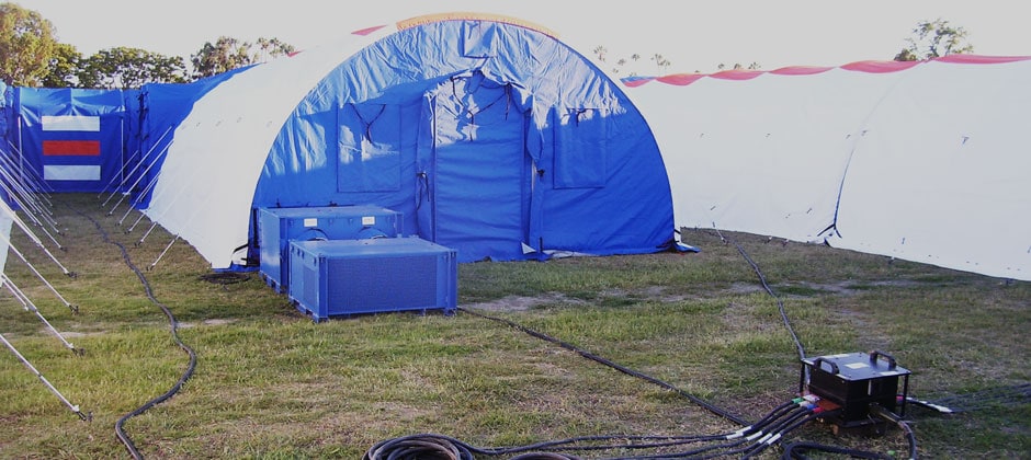Power generation system set up outside a Blu-Med mobile field hospital