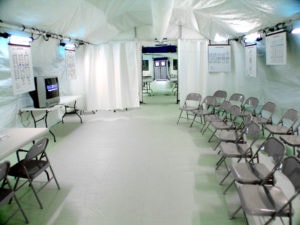 Interior of a BLU-MED Mobile Field Hospital's public information briefing area.